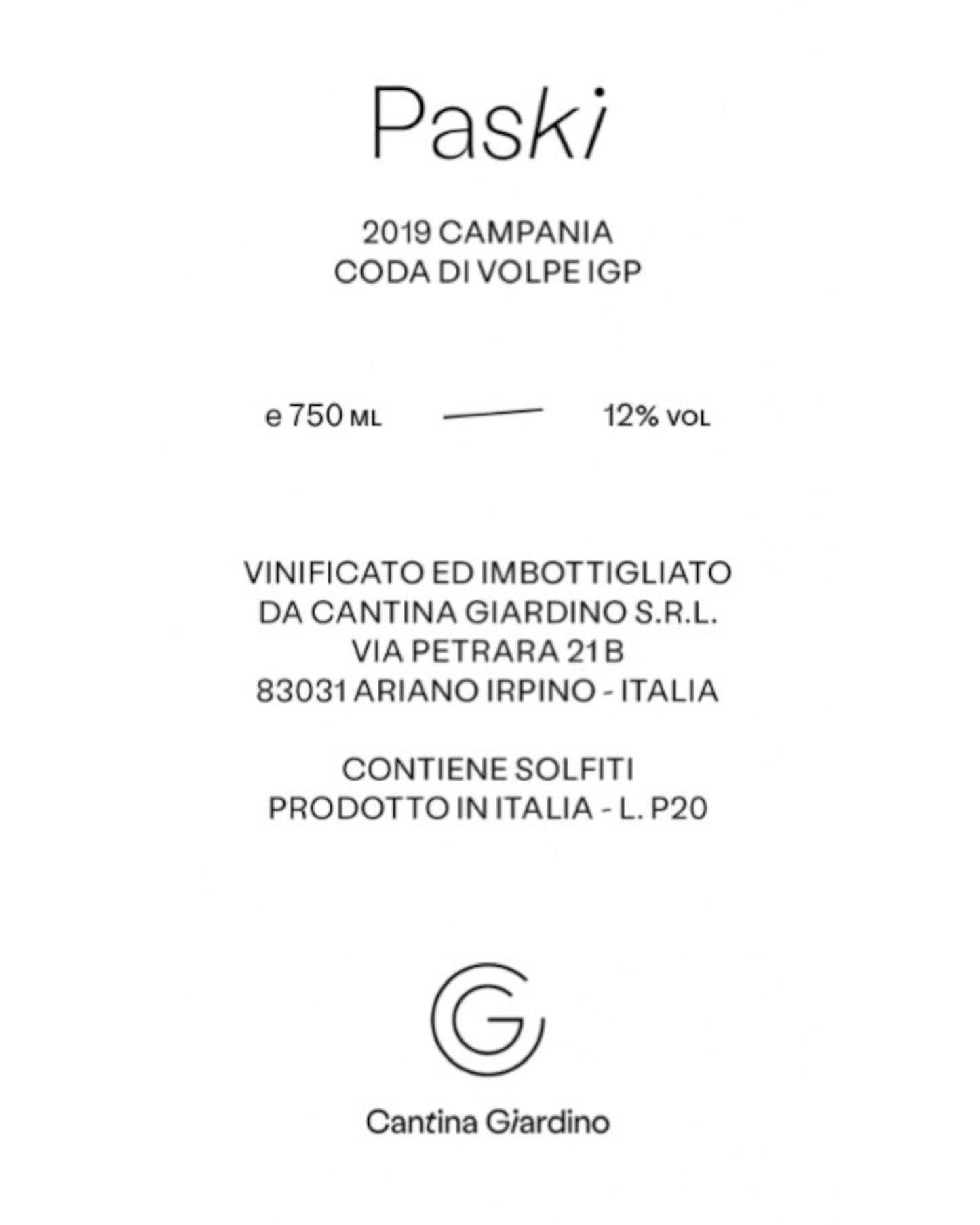 Cantina Giardino Paski 2022 wine label detail