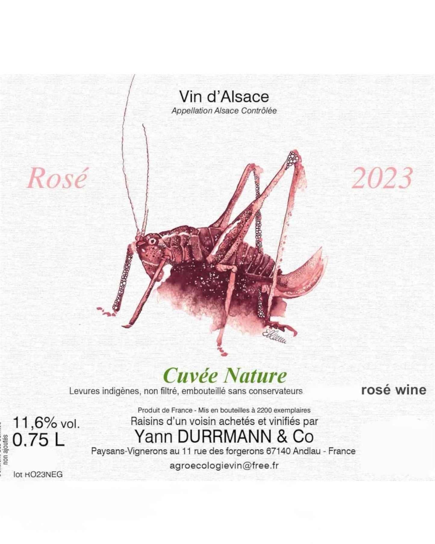 Front label of Domaine Durrmann Rose Négoce 2023 Organic Pinot Gris Natural Rose showing design and details