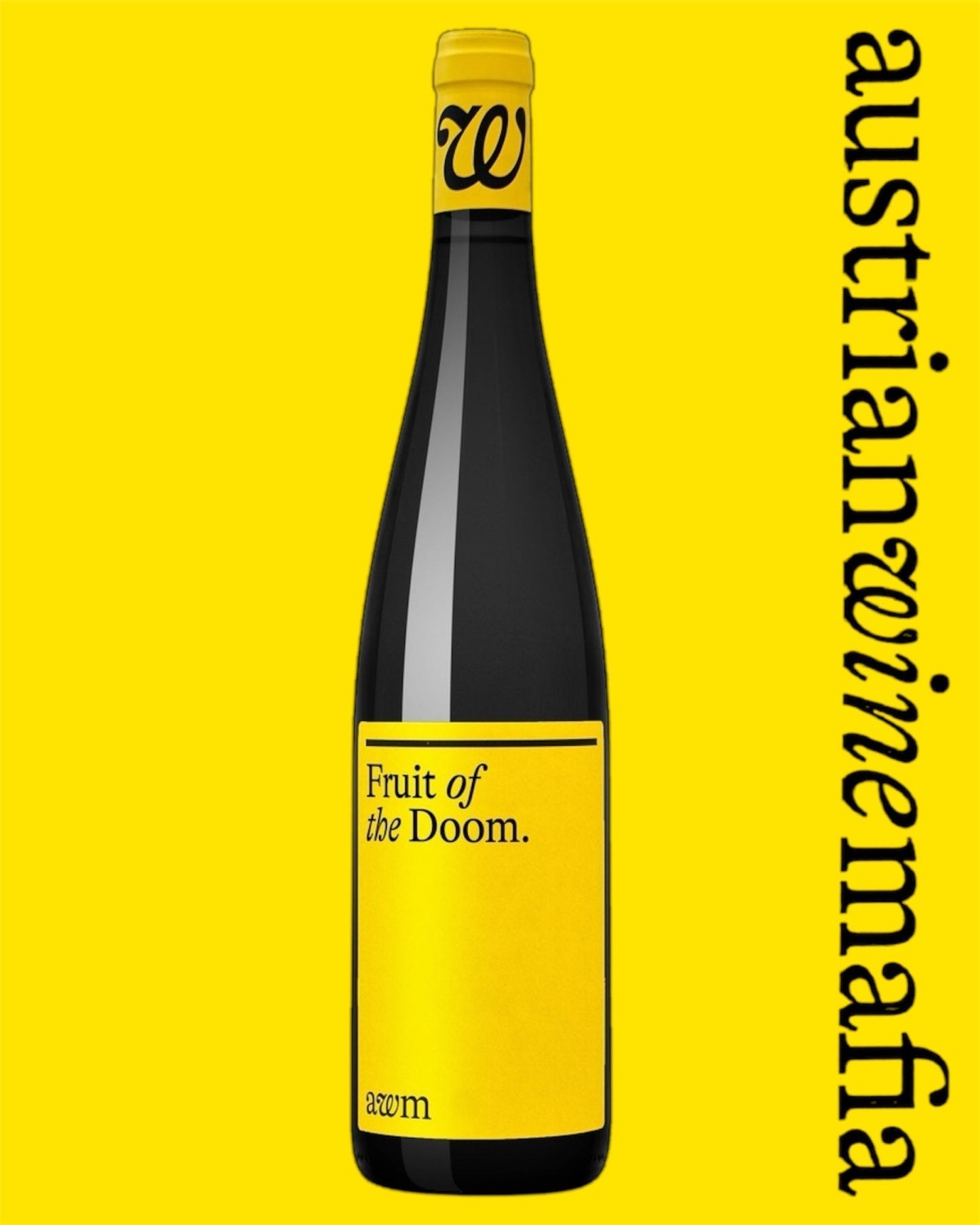 Front label of AWM Fruit of the Doom Organic Biodynamic Natural Red Wine showing design and details