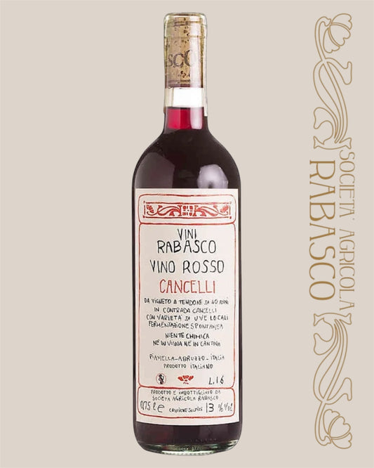 Front label of Societa Agricola Rabasco Cancelli Rosso 2023 Organic Montepulciano showing design and details