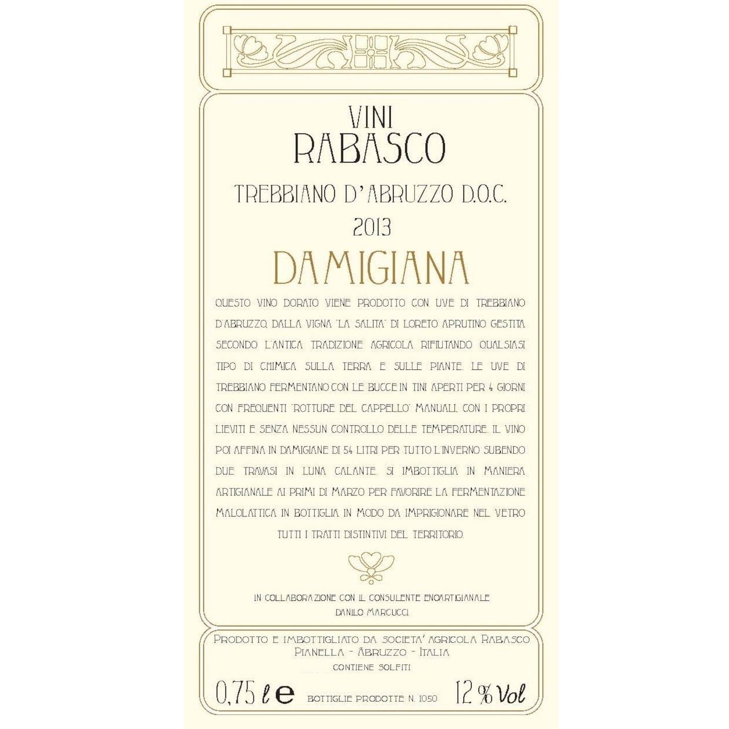 Front label of Societa Agricola Rabasco Damigiana Bianco 2020 Organic Orange Wine showing design and details
