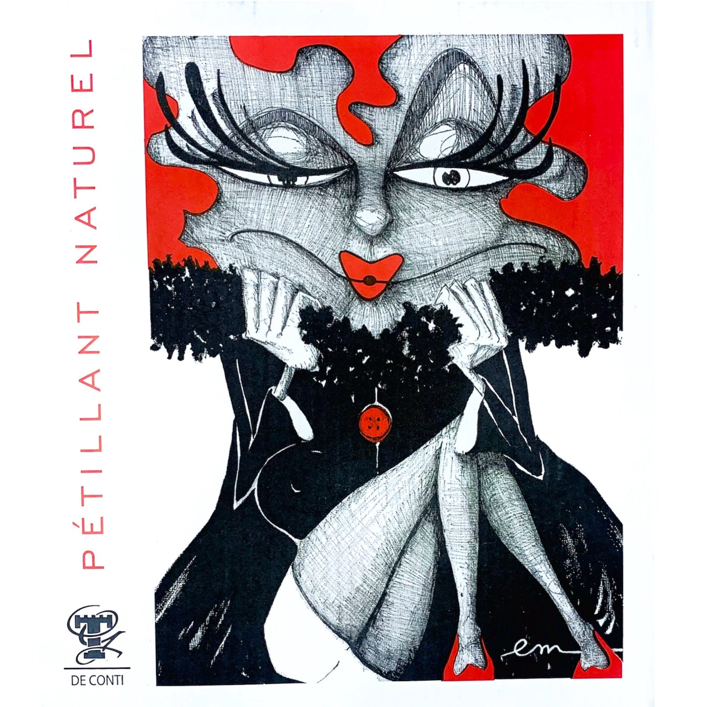 Front label of Domaine Albert de Conti VDF Pet Nat 2023 Organic Sparkling Wine showing design and details