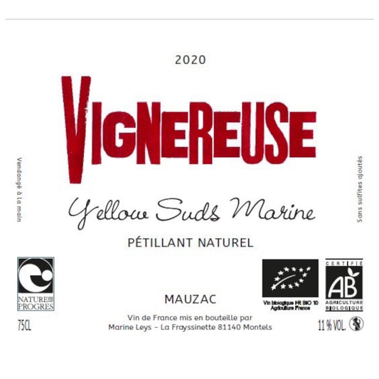 Front label of Vignereuse Yellow Suds Marine 2020 Organic Mauzac Sparkling Pet Nat showing design and details