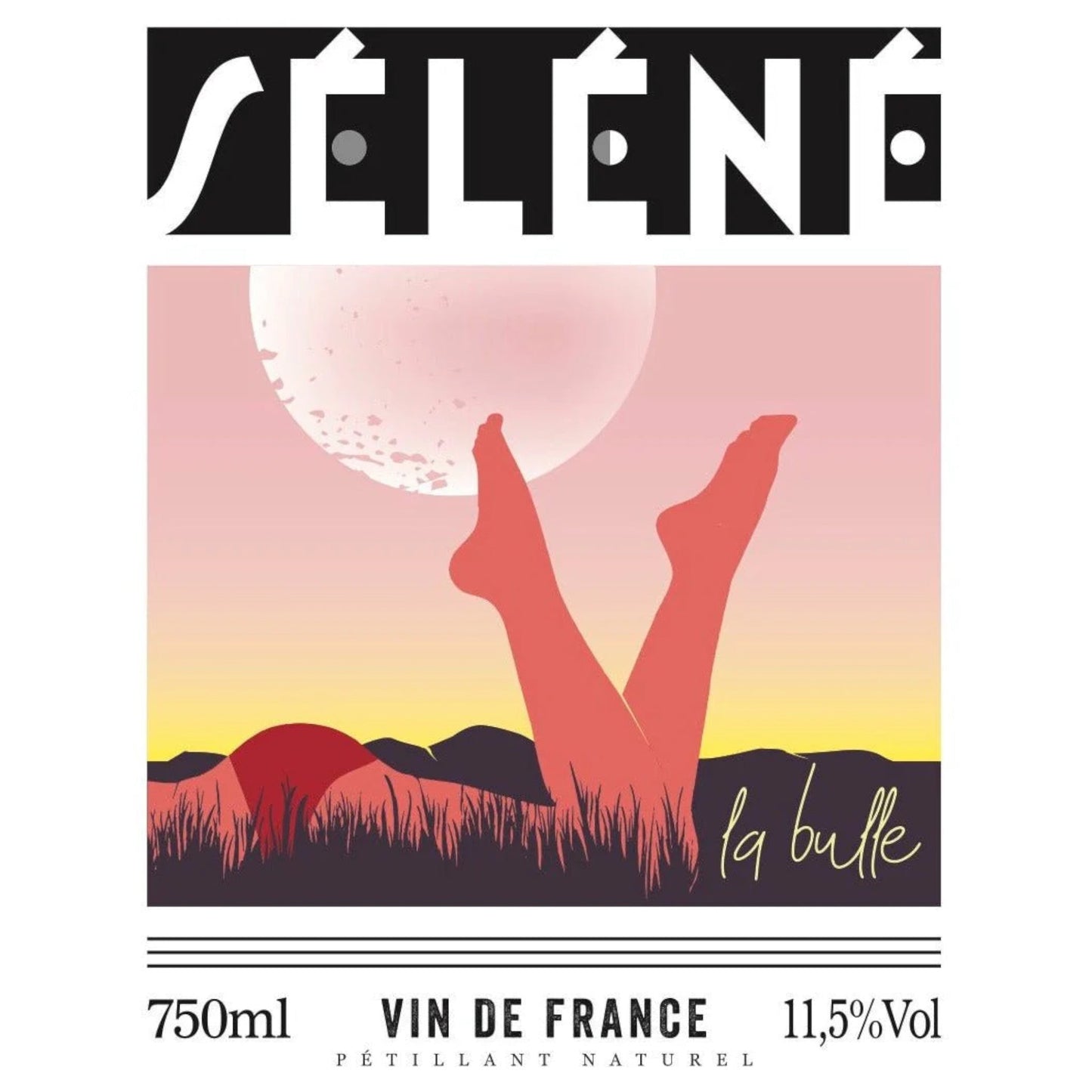 Front label of Séléné Bulles AOP 2022 Organic Gamay Natural Sparkling Wine Pet Nat showing design and details