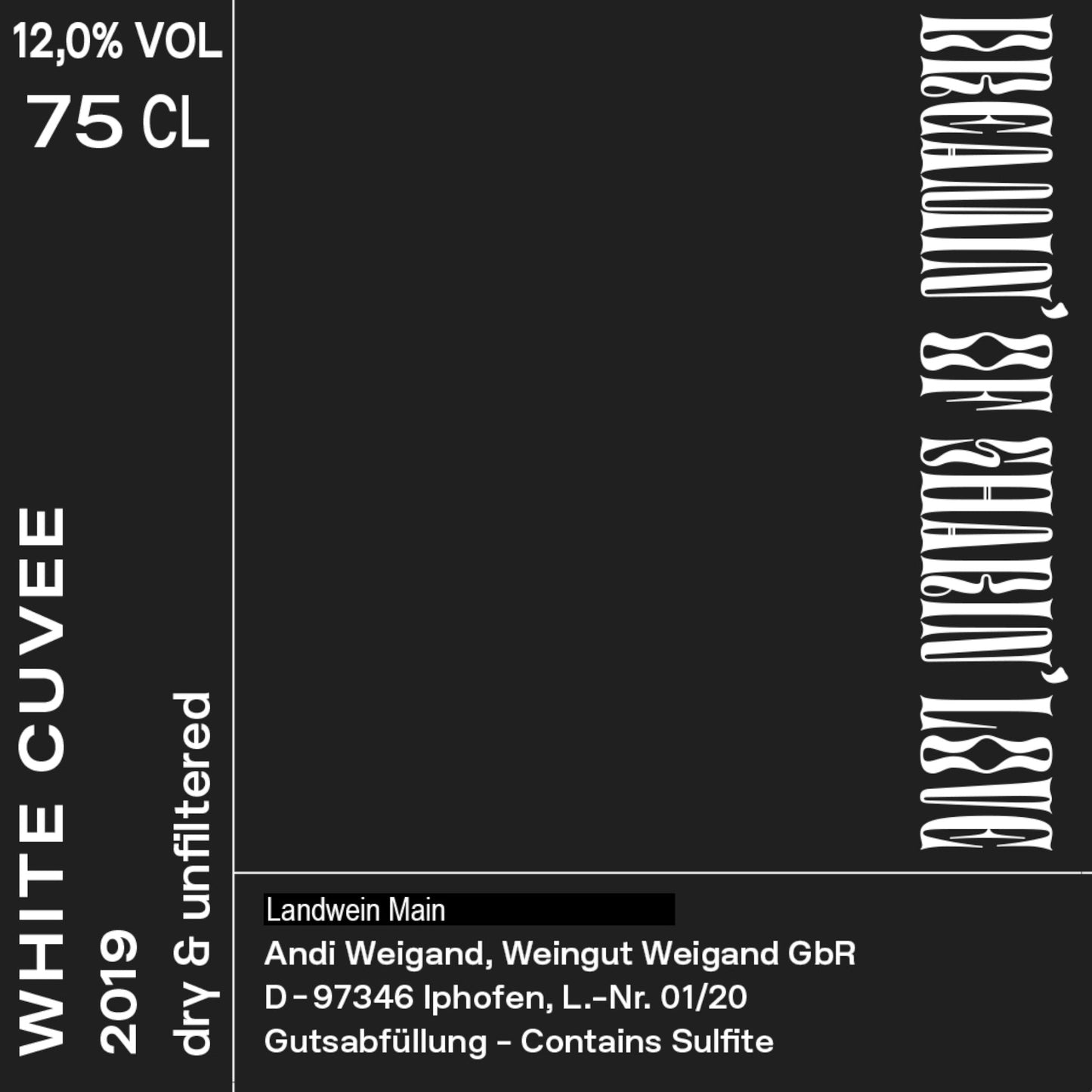 Front label of Andi Weigand White 2022 Organic Muller Thurgau Natural White Wine showing second label design and details