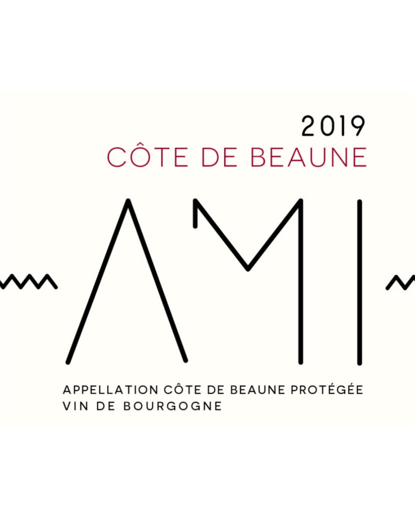 Front label of AMI Côte de Beaune Blanc 2018 Organic Chardonnay Natural White Wine showing design and details