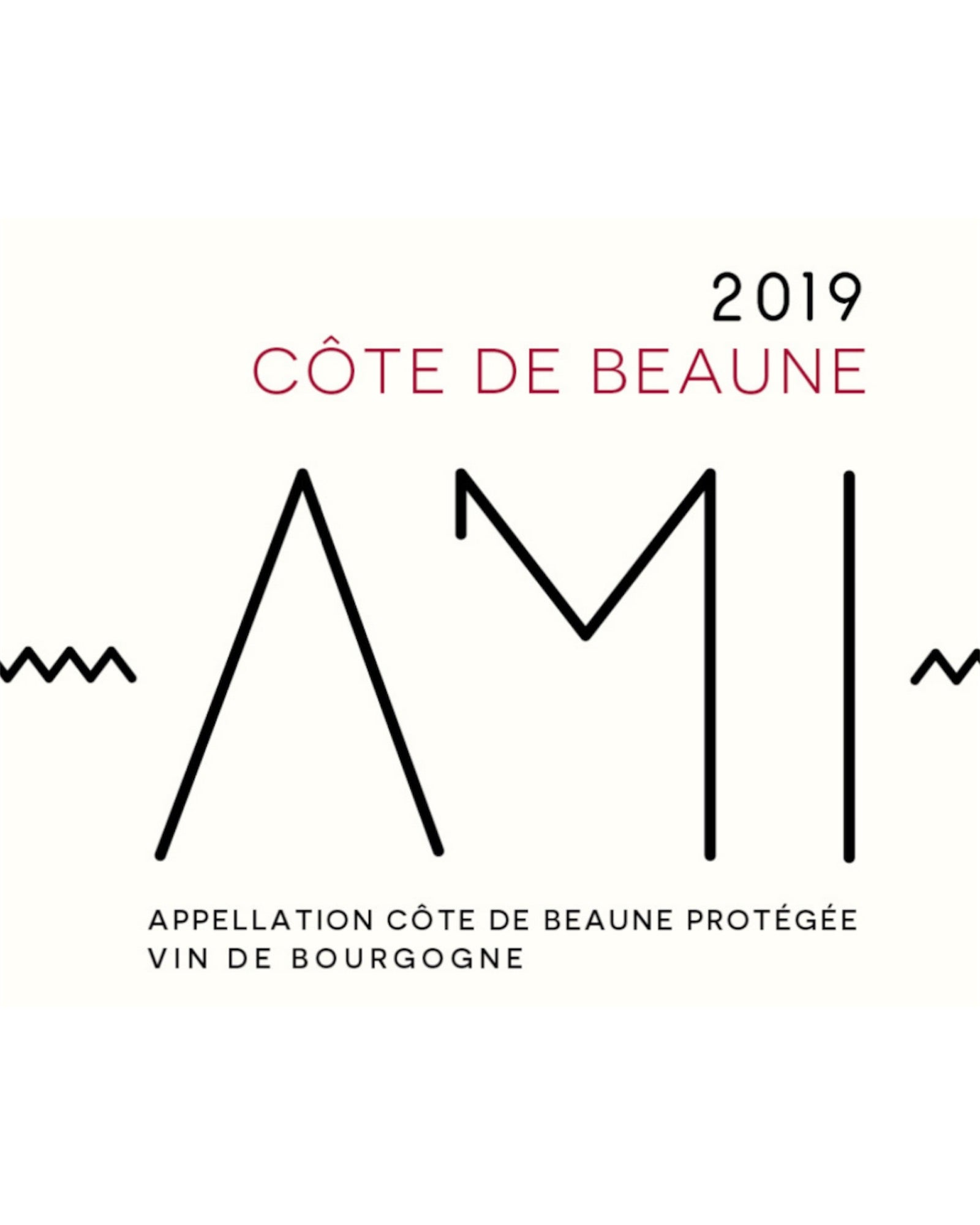 Front label of AMI Côte de Beaune Blanc 2018 Organic Chardonnay Natural White Wine showing design and details