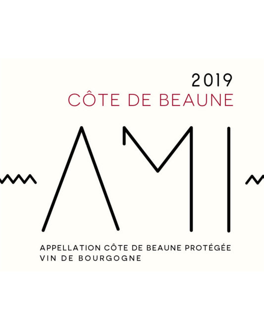 Front label of AMI Côte de Beaune Blanc 2018 Organic Chardonnay Natural White Wine showing design and details
