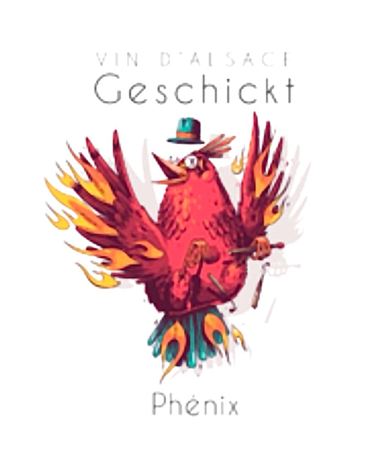 Front label of Domaine Geschickt Phenix 2022 Pinot Gris Blend Natural Orange Wine showing design and details