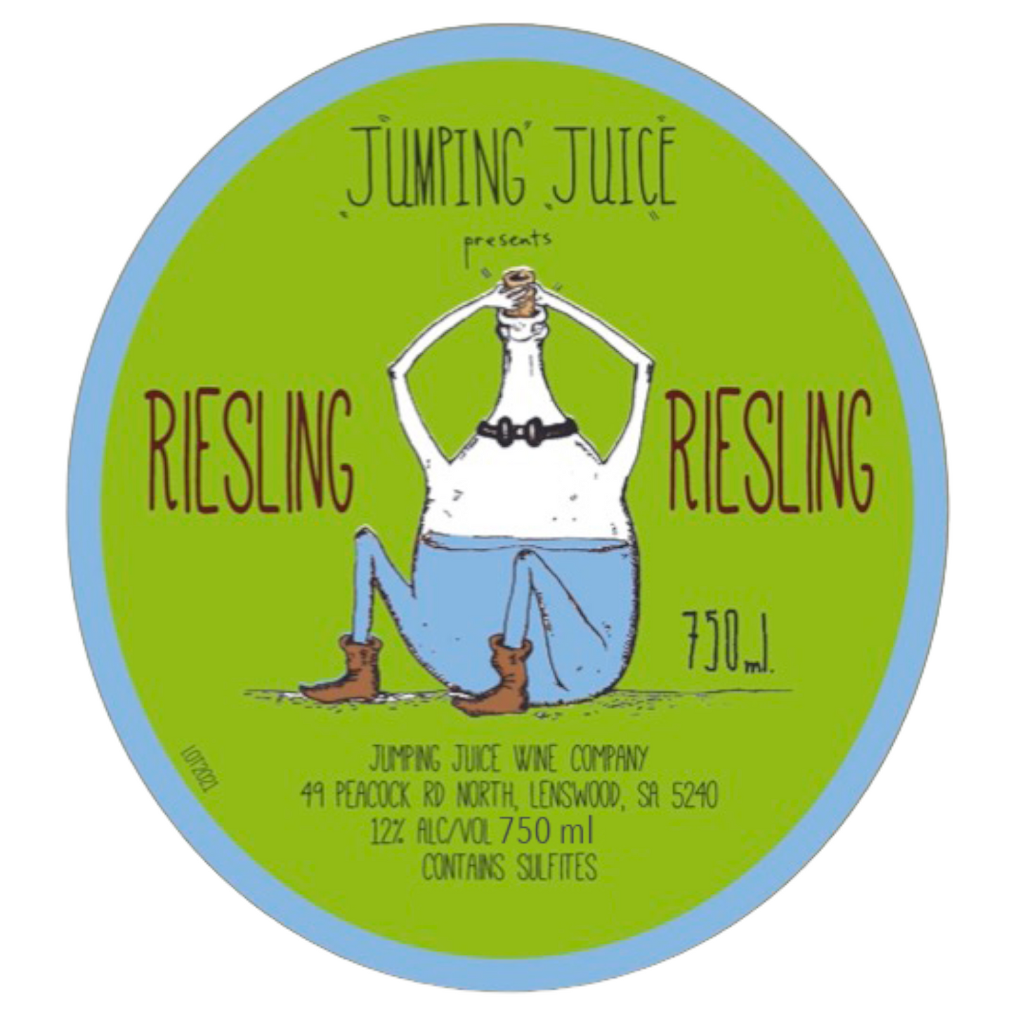 Front label of Jumpin Juice Riesling 2021 Organic Biodynamic Natural White Wine showing design and details