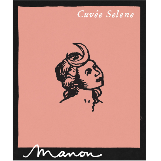 Front label of Manon Cuvée Selene 2019 Pinot Gris Sauvignon Natural Orange Wine showing design and details