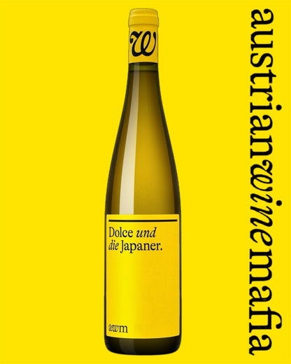 Front label of AWM Dolce und die Japaner Organic Biodynamic Natural White Wine showing design and details