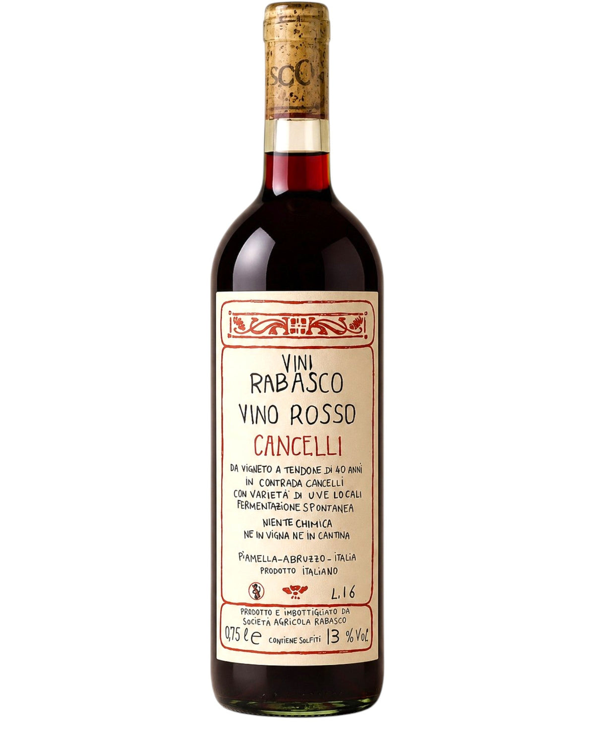 Societa Agricola Rabasco Cancelli Rosso 2023 organic natural red wine bottle from Abruzzo, Italy